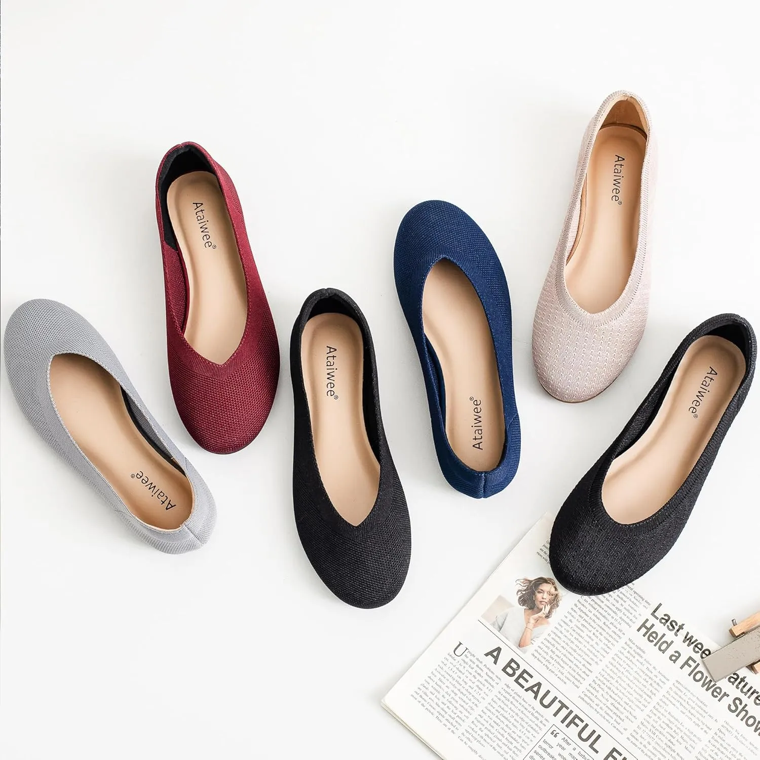 Ataiwee Women's Wide Width Flat Shoes - Dressy Knitted Soft Breathable Cute Slip-On Ballet Flats.