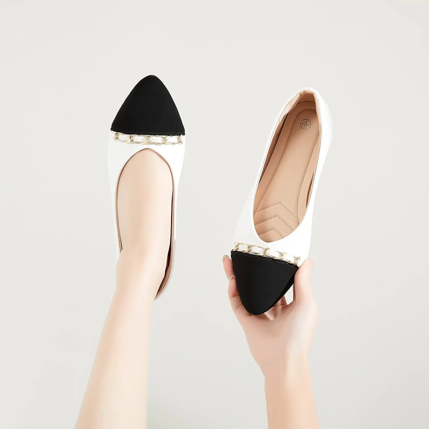 BABUDOG Women's Black Flats Shoes,White Dress Shoes for Women,Crimping Faux Suede Ballet Flats Comfortable