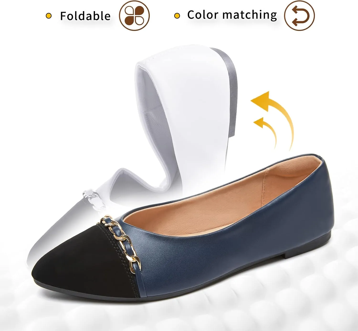 BABUDOG Women's Black Flats Shoes,White Dress Shoes for Women,Crimping Faux Suede Ballet Flats Comfortable