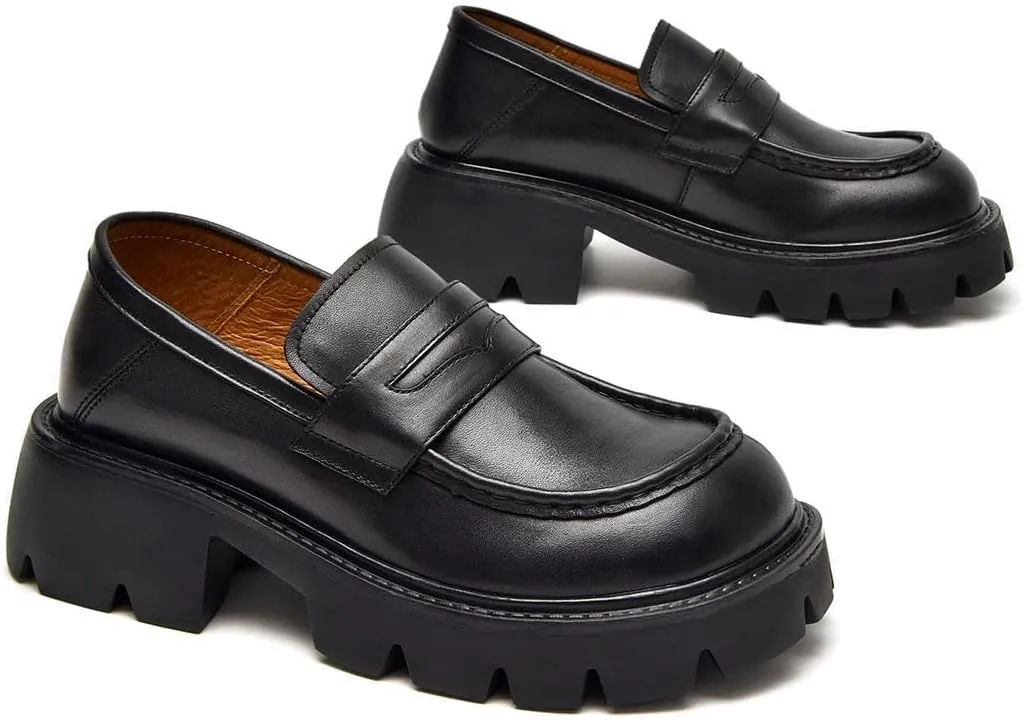 BEAU TODAY Chunky Loafers Women,Patent Leather Platform Loafers for Women,Lug Sole Slip On Penny Shoes,Comfortable Work Office Business Casual Dress Shoes