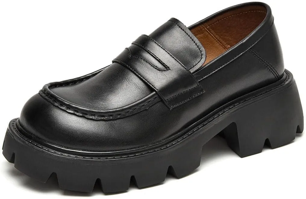 BEAU TODAY Womens Platform Loafers, Chunky Loafers for Women, Chunky Heel Lug Sole Penny Shoes with Round Toe Business Work Shoes Comfort Slip-on Black-D 5.5