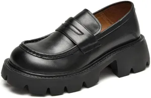 BEAU TODAY Womens Platform Loafers, Chunky Loafers for Women, Chunky Heel Lug Sole Penny Shoes with Round Toe Business Work Shoes Comfort Slip-on Black-D 5.5