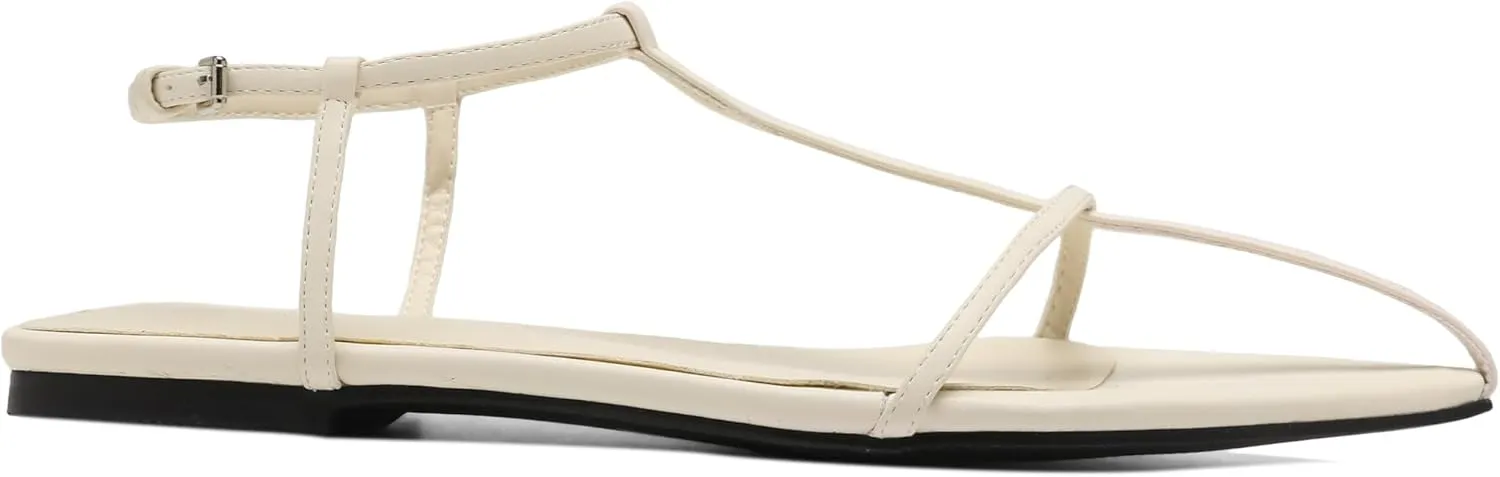 Black Flat Sandals for Women Adjustable Metallic Buckle Ankle Strap Slide Sandals Comfortable Pointed Open Toe Slip on Sandal