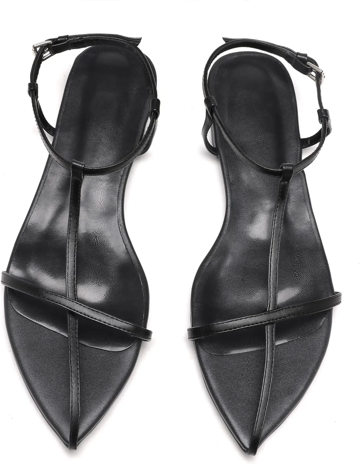 Black Flat Sandals for Women Adjustable Metallic Buckle Ankle Strap Slide Sandals Comfortable Pointed Open Toe Slip on Sandal