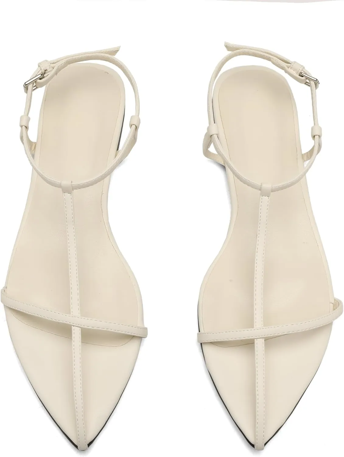 Black Flat Sandals for Women Adjustable Metallic Buckle Ankle Strap Slide Sandals Comfortable Pointed Open Toe Slip on Sandal