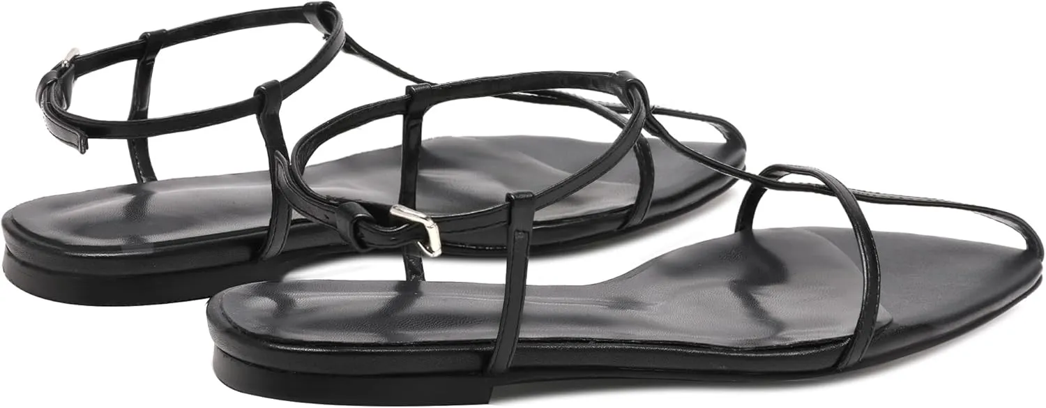 Black Flat Sandals for Women Adjustable Metallic Buckle Ankle Strap Slide Sandals Comfortable Pointed Open Toe Slip on Sandal