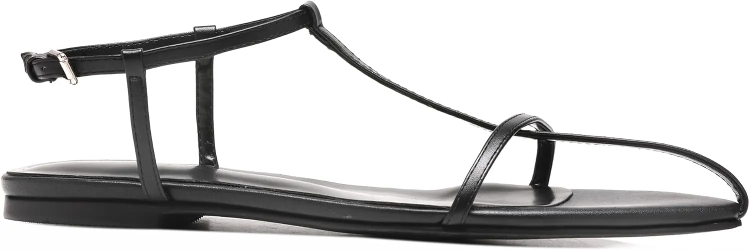 Black Flat Sandals for Women Adjustable Metallic Buckle Ankle Strap Slide Sandals Comfortable Pointed Open Toe Slip on Sandal