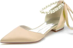 Bride Pointed Toe Flats Women Satin Pearls Wedding Flats Shoes Prom Evening Bridal Party Dress Flats 2.5Cm
