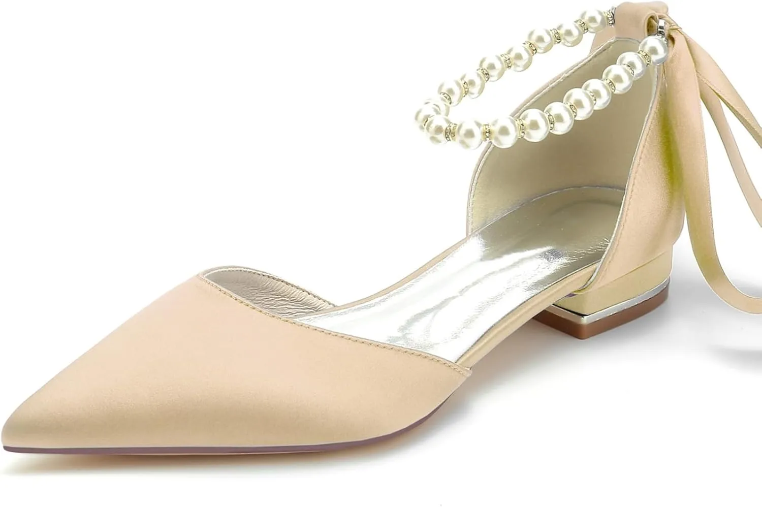 Bride Pointed Toe Flats Women Satin Pearls Wedding Flats Shoes Prom Evening Bridal Party Dress Flats 2.5Cm