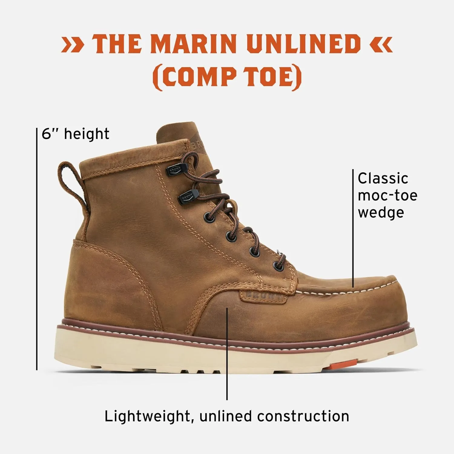 BRUNT Marin Unlined (Comp Toe) - Brown - 6" Lightweight Safety Toe Wedge Work Boot - EH Rated - Slip   Oil Resistant - Adjustable Width System