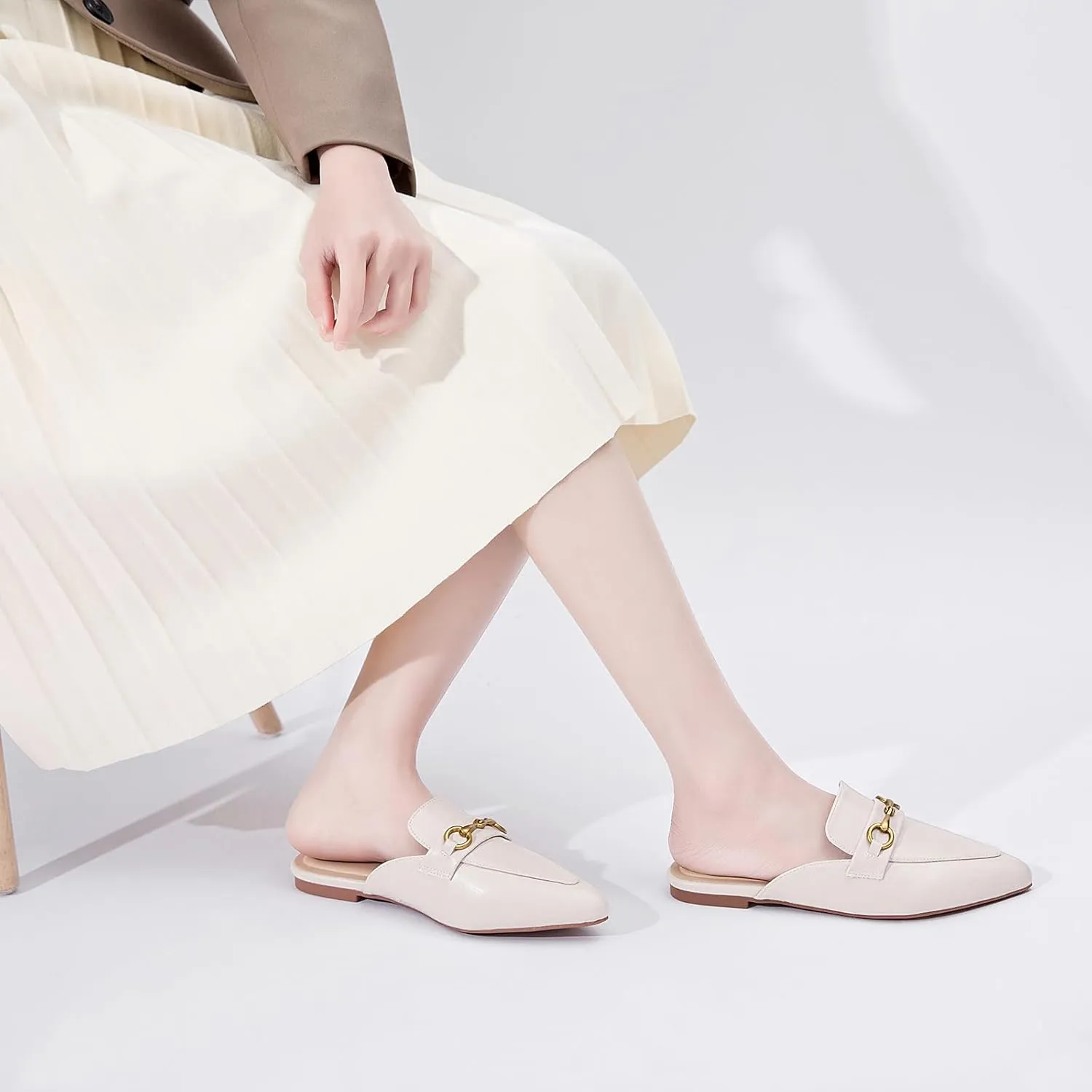 Buckle Mules for Women Pointed Toe Backless Flat Mules Slip on Slides Loafer Shoes