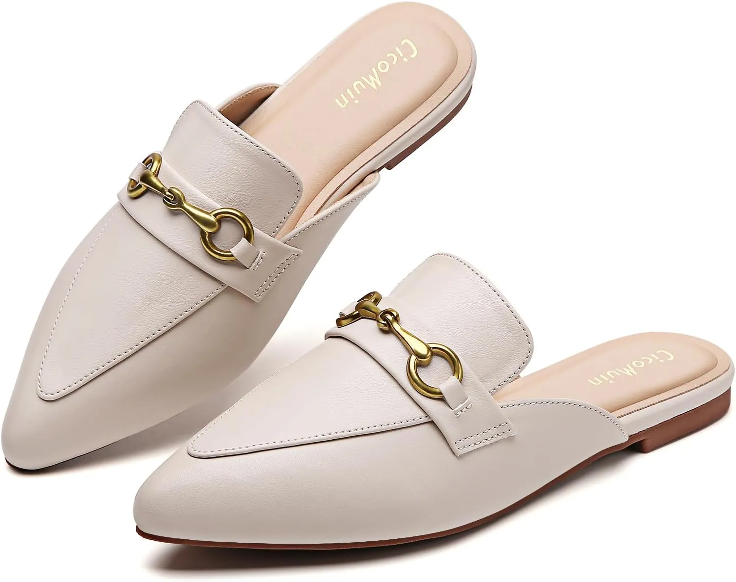 Buckle Mules for Women Pointed Toe Backless Flat Mules Slip on Slides Loafer Shoes