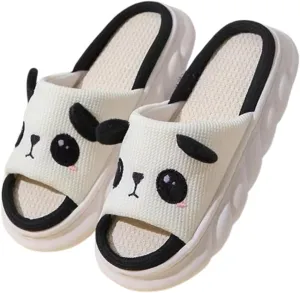 Cartoon Panda Slippers for Women Men, Cute Animal Non-Slip Slides Sandals, Cotton Linen Couple's Home Shoes Indoor and Outdoor
