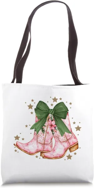 Christmas Floral Cowboy Boot Coquette Xmas Cowgirl Festive Tote Bag