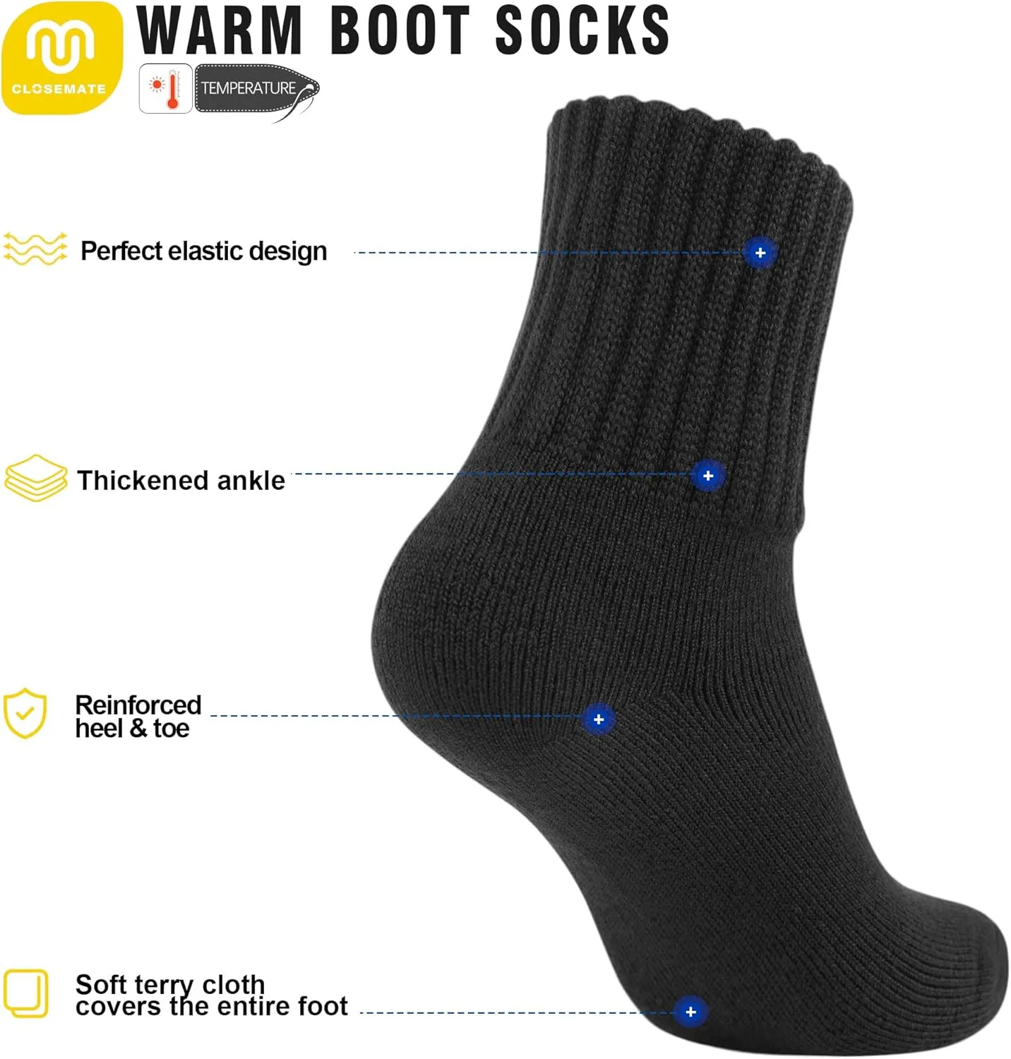CLOSEMATE Womens Thick Full Cushioned Thermal Warm Boot Socks for Winter 3 Pairs