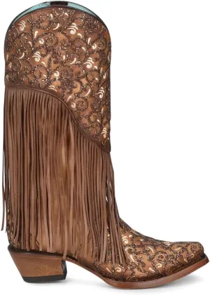 CORRAL LADIE'S HONEY LAMB OVERLAY & EMBROIDERY & FRINGES, SNIP TOE, LEATHER SOLE, WESTERN, C3876