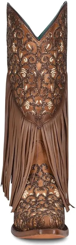 CORRAL LADIE'S HONEY LAMB OVERLAY & EMBROIDERY & FRINGES, SNIP TOE, LEATHER SOLE, WESTERN, C3876