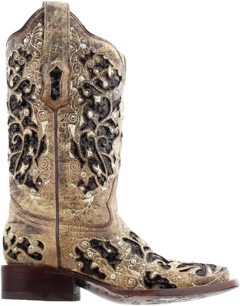 CORRAL Women's White Glitter and Crystals Cowgirl Boot Square Toe - A3397