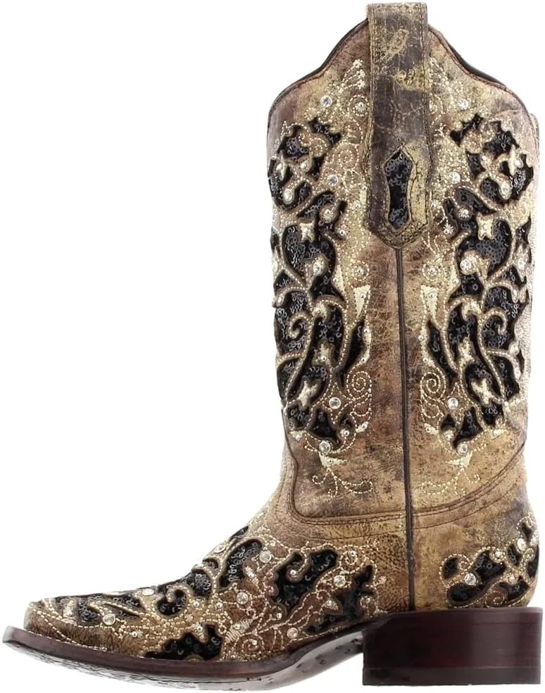 CORRAL Women's White Glitter and Crystals Cowgirl Boot Square Toe - A3397