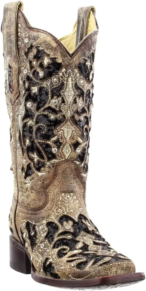CORRAL Women's White Glitter and Crystals Cowgirl Boot Square Toe - A3397