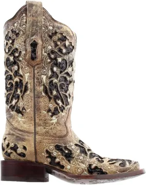 CORRAL Women's White Glitter and Crystals Cowgirl Boot Square Toe - A3397
