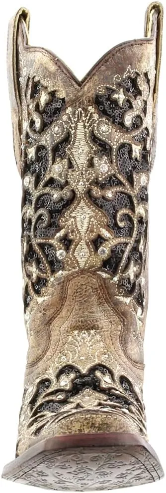 CORRAL Women's White Glitter and Crystals Cowgirl Boot Square Toe - A3397