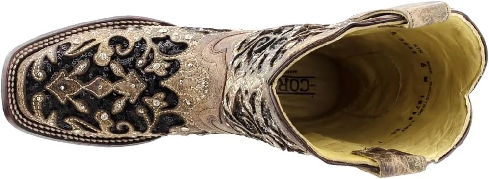 CORRAL Women's White Glitter and Crystals Cowgirl Boot Square Toe - A3397