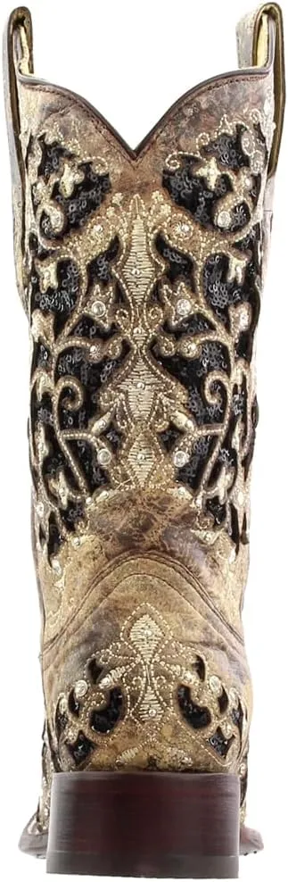 CORRAL Women's White Glitter and Crystals Cowgirl Boot Square Toe - A3397