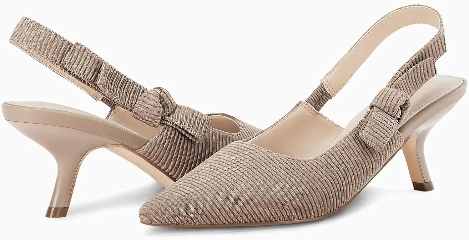 Coutgo Womens Slingback Kitten Heels Closed Pointed Toe Bowknot Knitted Slip On Work Pumps Dress Shoes
