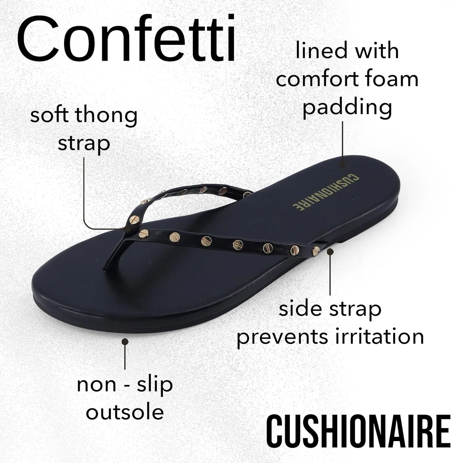 CUSHIONAIRE Confetti Women’s Studded Flip Flop Sandal – Slip-On Thong with Memory Foam & Stylish Rivet Strap