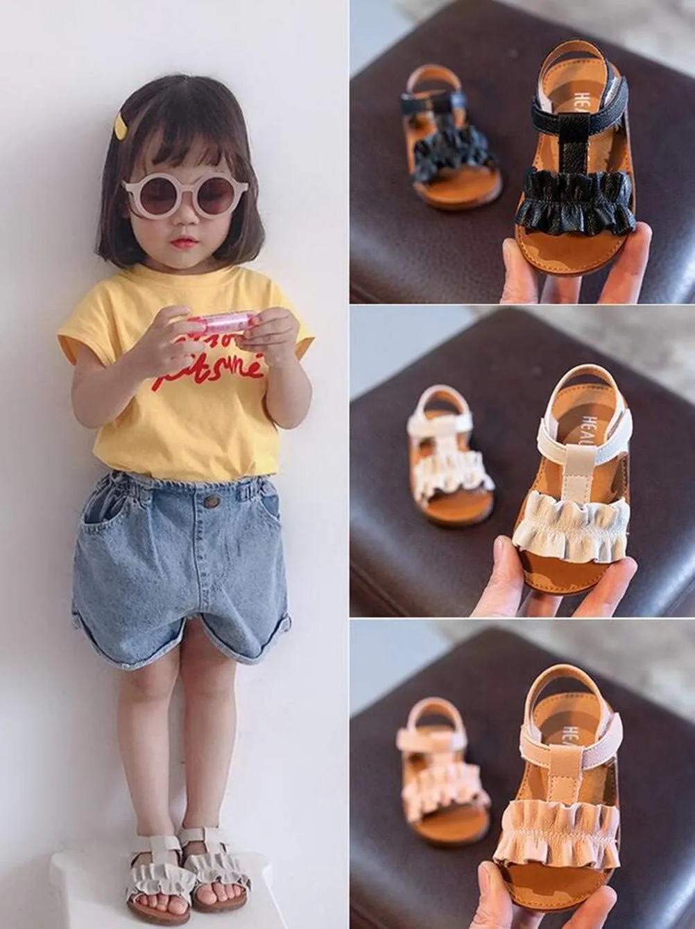 DADAWEN Girl's Summer Beach Water Sandals Soft Sole T-Strap Flat Sandal (Toddler/Little Kid)