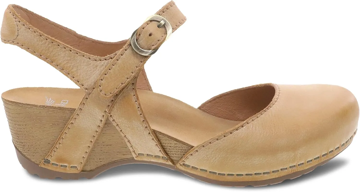 Dansko Tiffani Wedge Sandal for Women - Cushioned, Contoured Footbed for All-Day Comfort and Support - Hook & Loop Strap with Buckle Detail - Lightweight Rubber Outsole