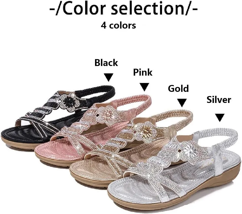 DKCHENH Rhinestone Sandals for Women Flat - Trendy Sparkling Boho Ladies' Flat Sandals,Beautiful Sparkling Boho Ladies' Flat Sandals for Summer.