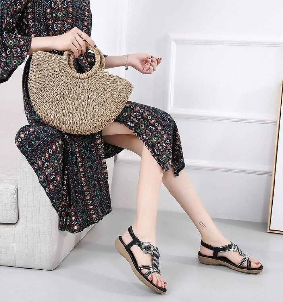 DKCHENH Rhinestone Sandals for Women Flat - Trendy Sparkling Boho Ladies' Flat Sandals,Beautiful Sparkling Boho Ladies' Flat Sandals for Summer.