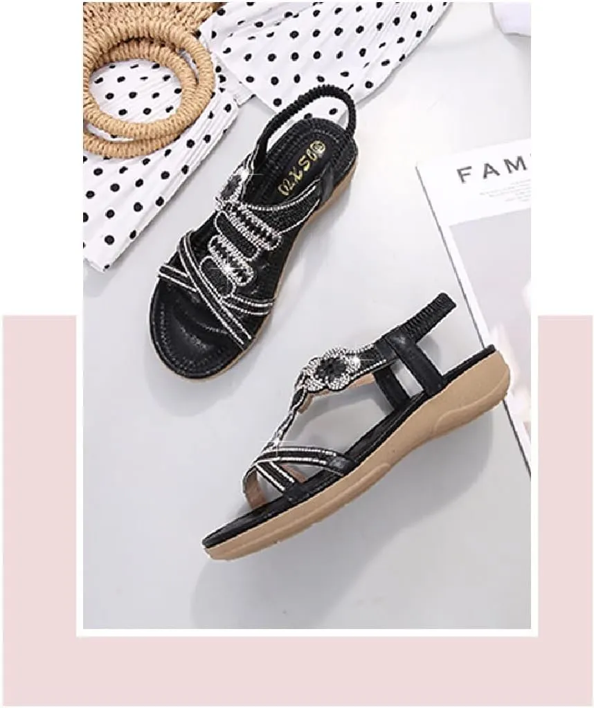 DKCHENH Rhinestone Sandals for Women Flat - Trendy Sparkling Boho Ladies' Flat Sandals,Beautiful Sparkling Boho Ladies' Flat Sandals for Summer.