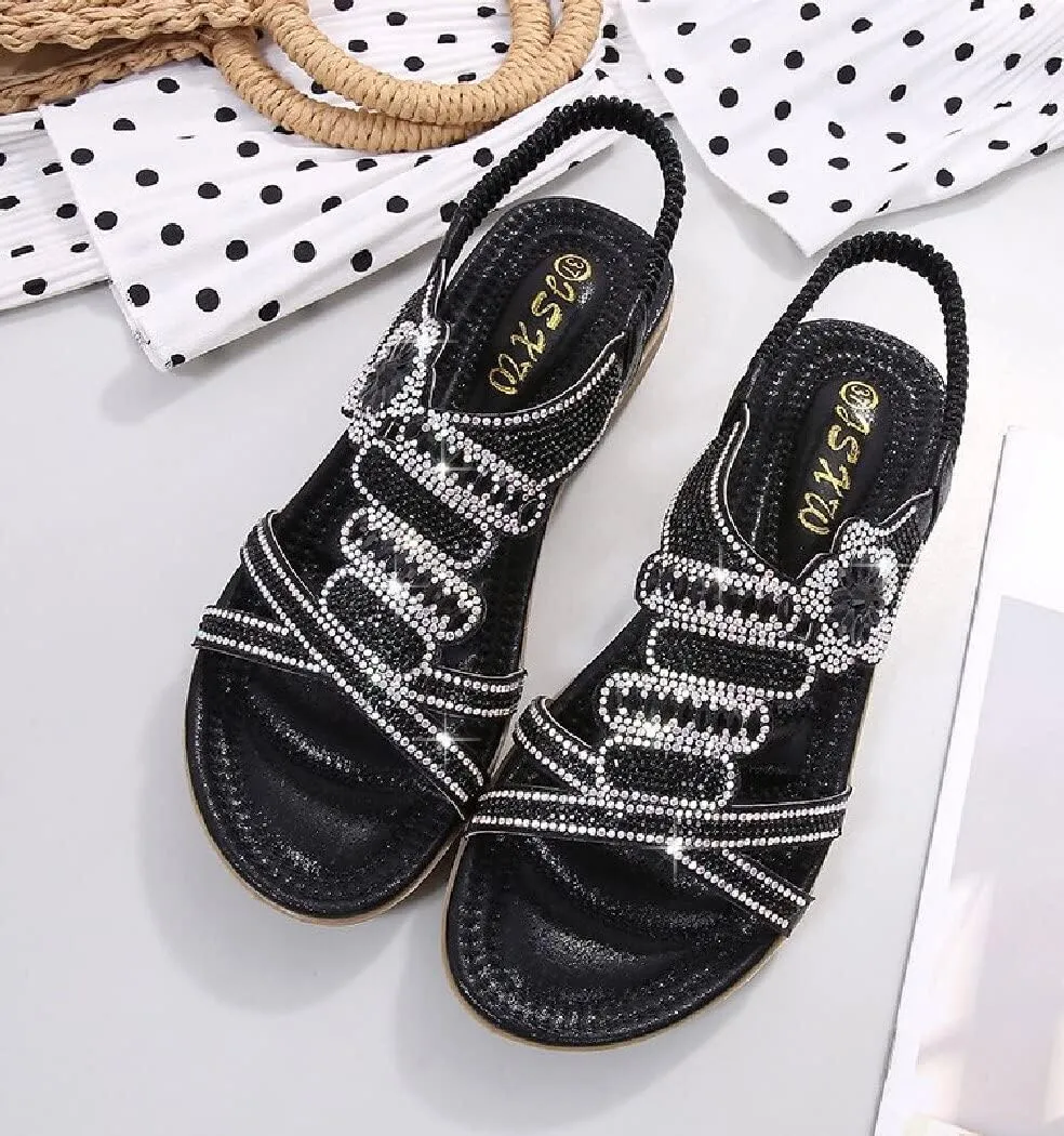 DKCHENH Rhinestone Sandals for Women Flat - Trendy Sparkling Boho Ladies' Flat Sandals,Beautiful Sparkling Boho Ladies' Flat Sandals for Summer.