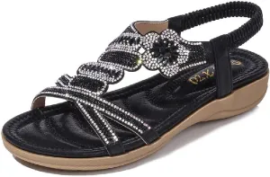 DKCHENH Rhinestone Sandals for Women Flat - Trendy Sparkling Boho Ladies' Flat Sandals,Beautiful Sparkling Boho Ladies' Flat Sandals for Summer.