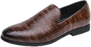 Dress Formal Shoes for Men Slip On Pointed Burnished Toe Crocodile Print Loafer Low Top Anti-Slip Rubber Sole Casual