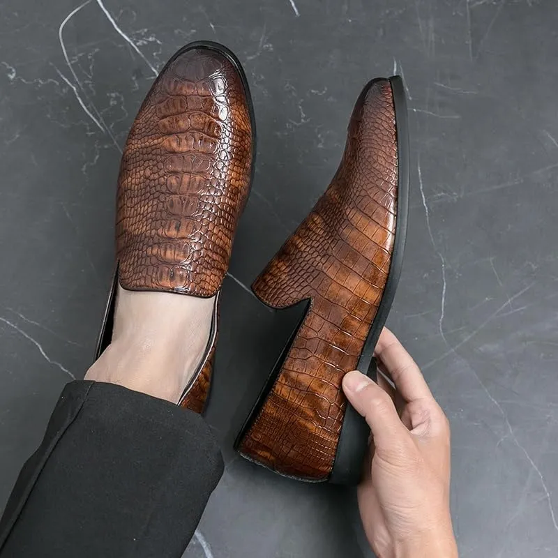 Dress Formal Shoes for Men Slip On Pointed Burnished Toe Crocodile Print Loafer Low Top Anti-Slip Rubber Sole Casual