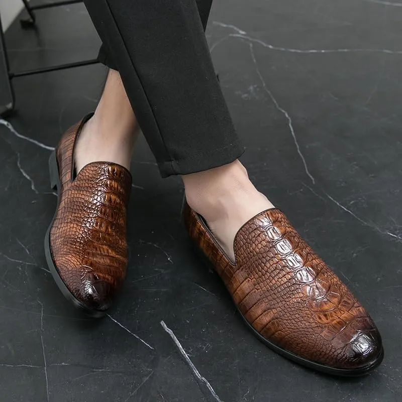 Dress Formal Shoes for Men Slip On Pointed Burnished Toe Crocodile Print Loafer Low Top Anti-Slip Rubber Sole Casual