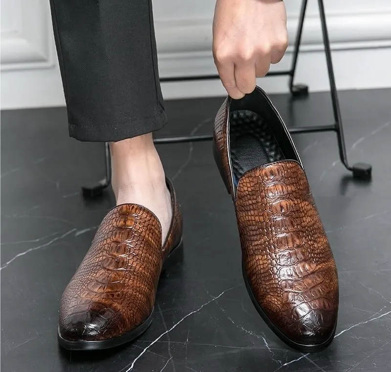 Dress Formal Shoes for Men Slip On Pointed Burnished Toe Crocodile Print Loafer Low Top Anti-Slip Rubber Sole Casual