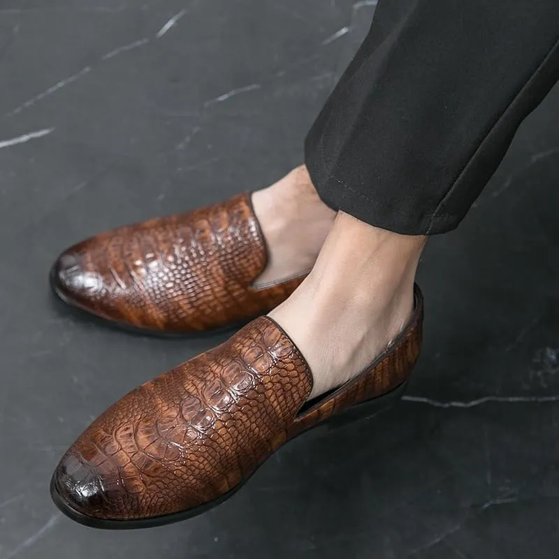 Dress Formal Shoes for Men Slip On Pointed Burnished Toe Crocodile Print Loafer Low Top Anti-Slip Rubber Sole Casual