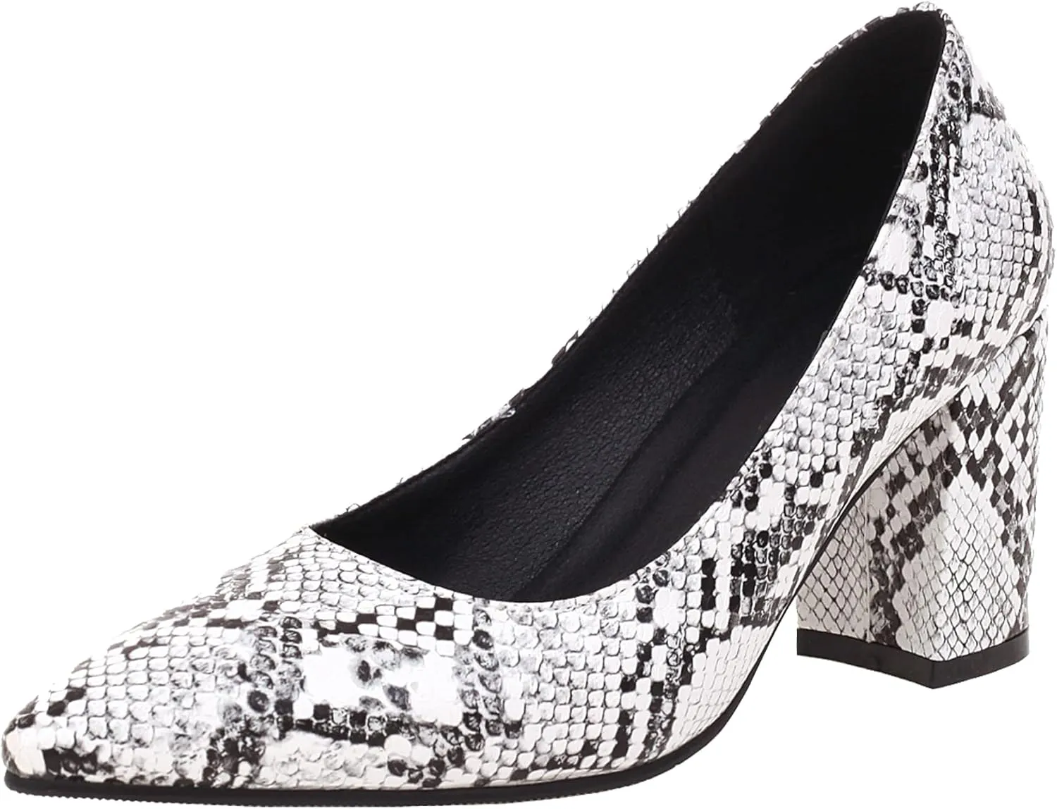 Elbslutt Women's Snake Print Pointed Toe Block Heels Pumps Slip On Chunky High Heels Closed Toe Dress Shoes