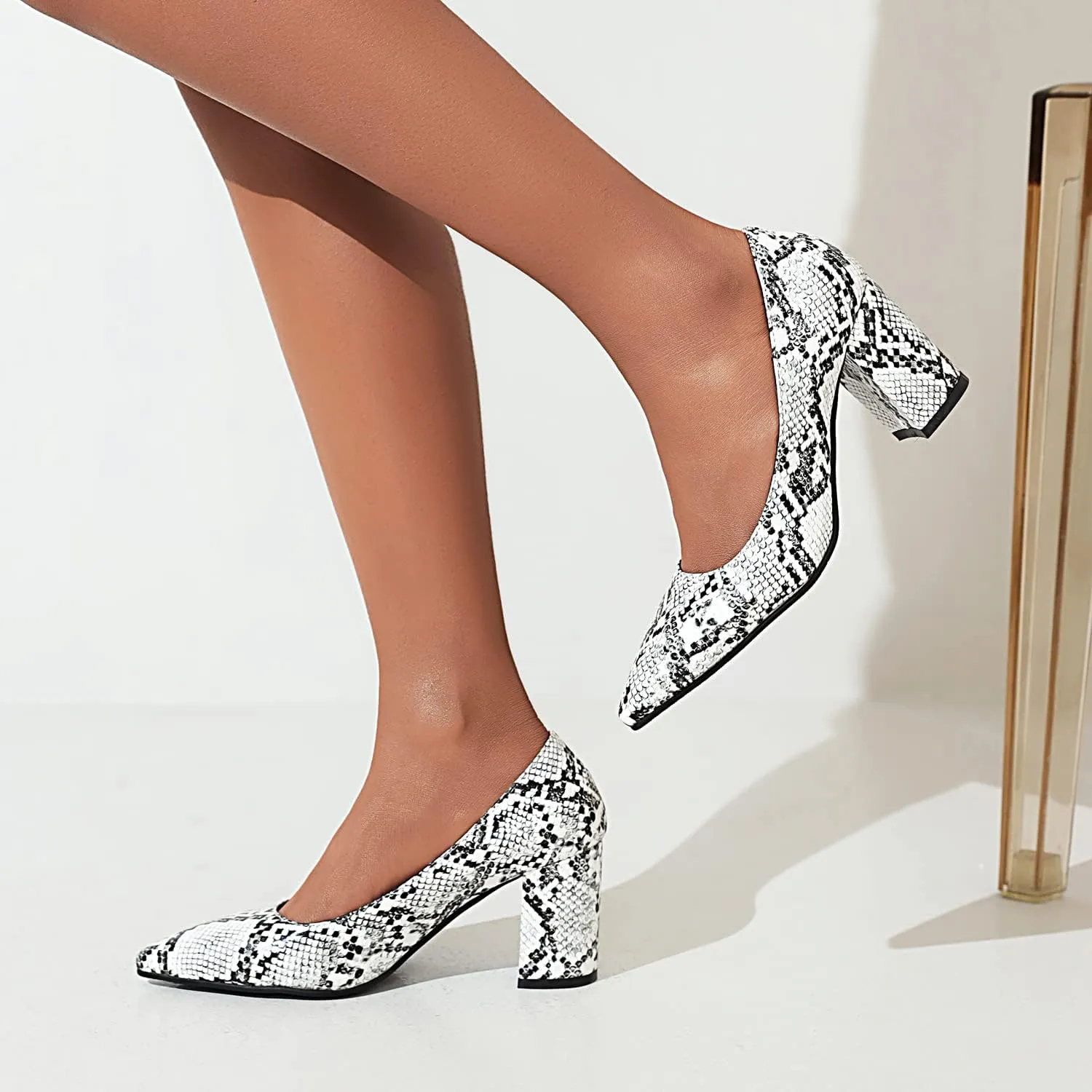 Elbslutt Women's Snake Print Pointed Toe Block Heels Pumps Slip On Chunky High Heels Closed Toe Dress Shoes