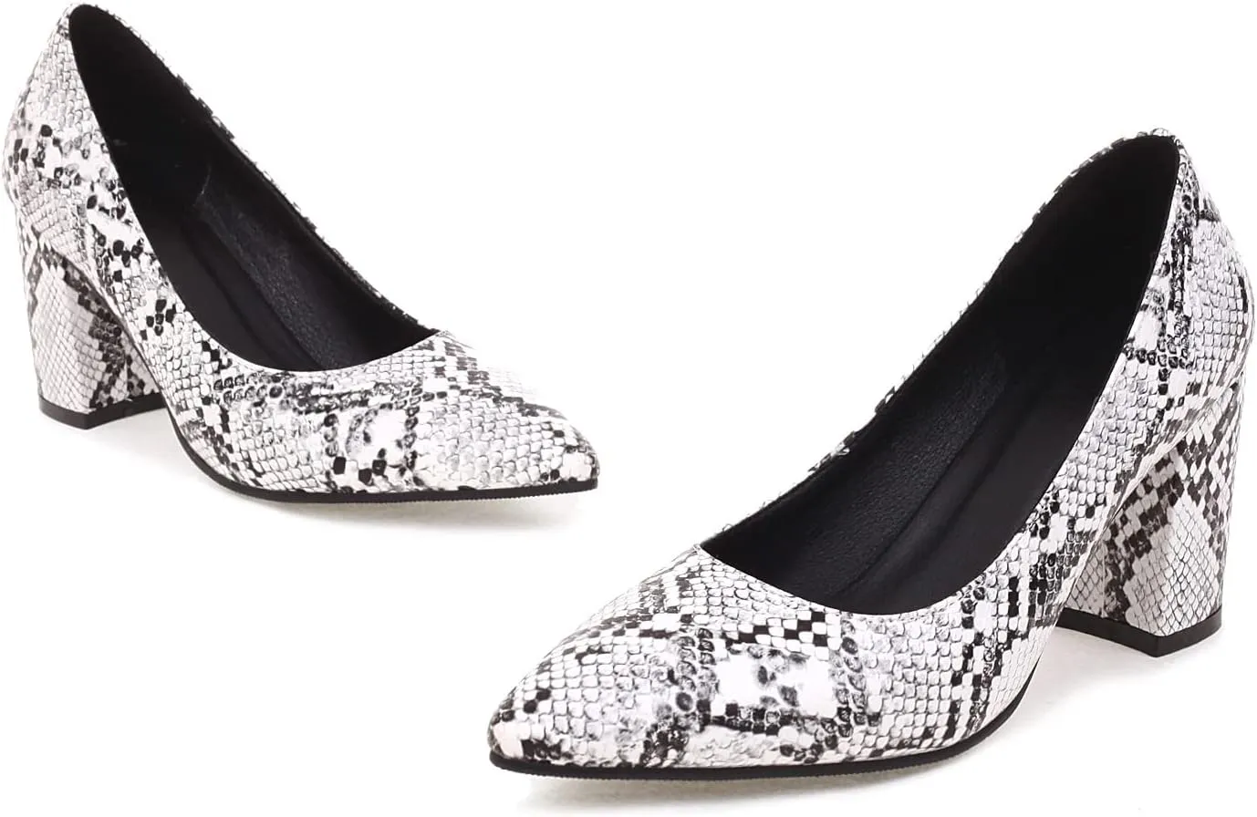 Elbslutt Women's Snake Print Pointed Toe Block Heels Pumps Slip On Chunky High Heels Closed Toe Dress Shoes