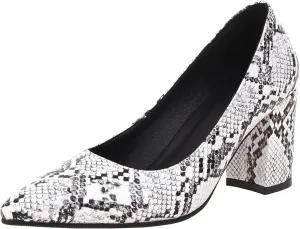 Elbslutt Women's Snake Print Pointed Toe Block Heels Pumps Slip On Chunky High Heels Closed Toe Dress Shoes