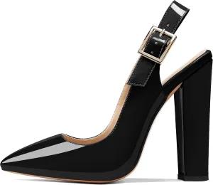 Eldof Women's Slingback Pointed Toe Pumps Ankle Strap Chunky High Heels 4.7" High Block Heel Pumps Dress Shoes
