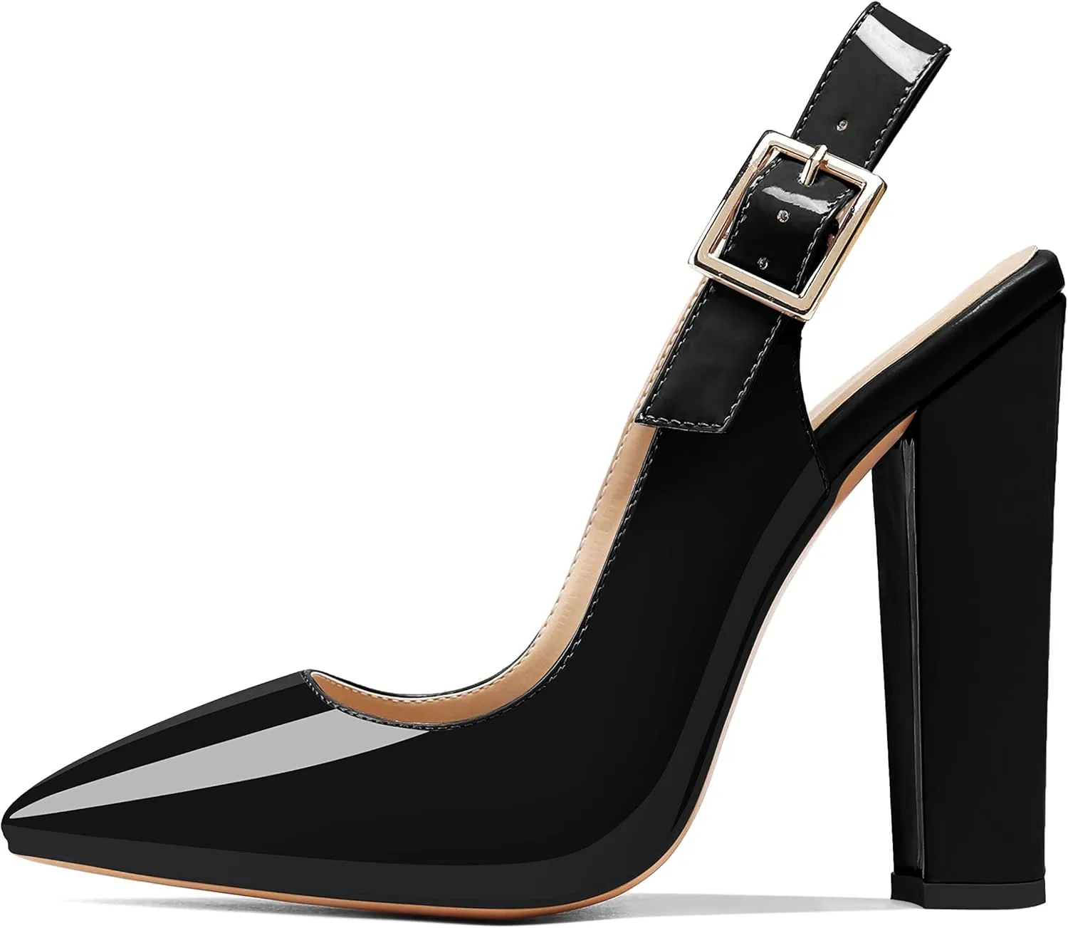 Eldof Women's Slingback Pointed Toe Pumps Ankle Strap Chunky High Heels 4.7" High Block Heel Pumps Dress Shoes