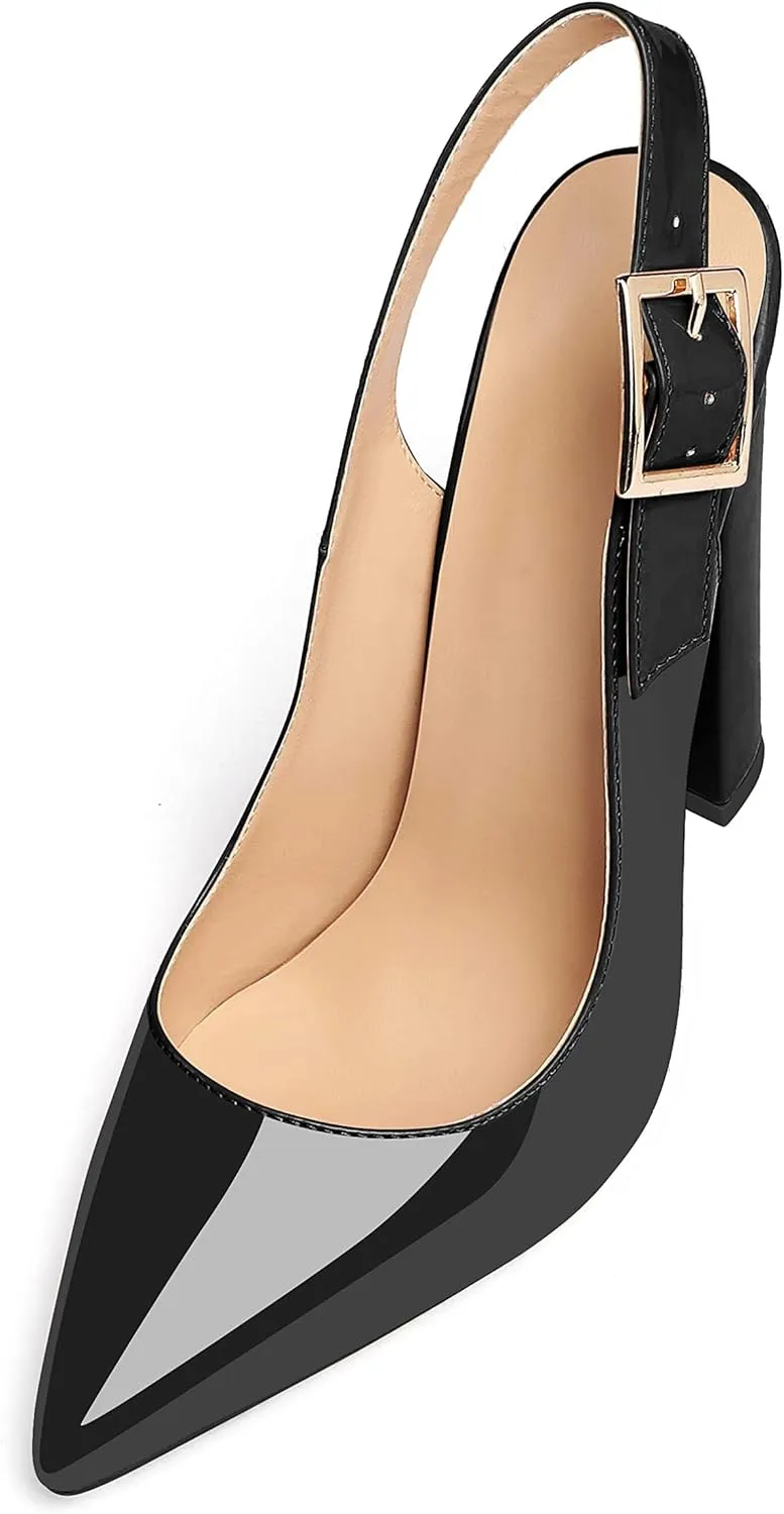 Eldof Women's Slingback Pointed Toe Pumps Ankle Strap Chunky High Heels 4.7" High Block Heel Pumps Dress Shoes