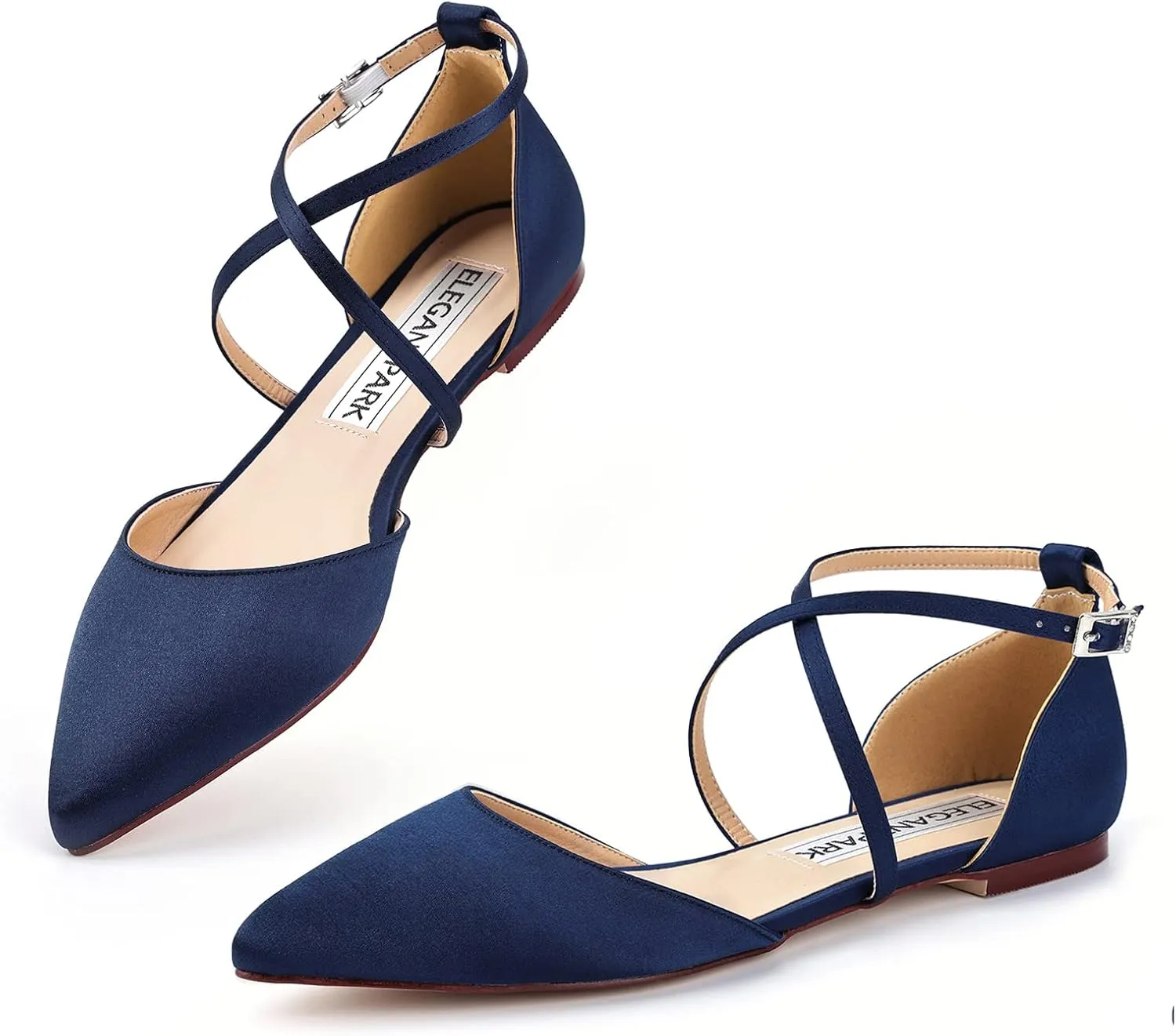 ELEGANTPARK FC2322 Comfortable Satin Pointed Toe Flats for Women Ankle Straps Wedding Flats for Bride Shoes Evening Party Guest Shoes for Women Dressy Low Heel